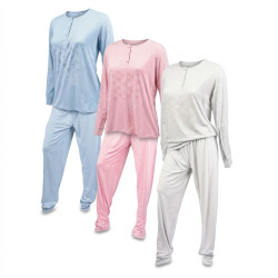 Pyjama Long Femme Coton Confort – Ensemble Pyjama Haut Manches Longues Col Rond 3 Boutons