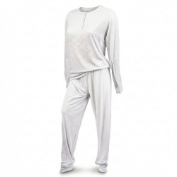 Pyjama Long Femme Coton Confort – Ensemble Pyjama Haut Manches Longues Col Rond 3 Boutons