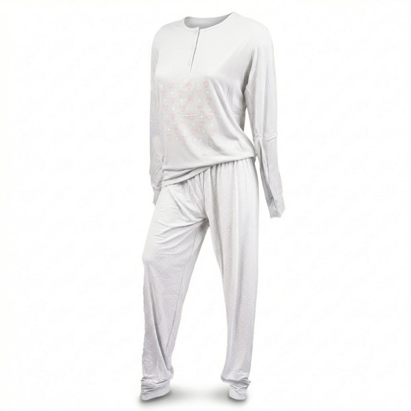 Pyjama Long Femme Coton Confort – Ensemble Pyjama Haut Manches Longues Col Rond 3 Boutons