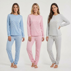 Pyjama Long Femme Coton Confort – Ensemble Pyjama Haut Manches Longues Col Rond 3 Boutons