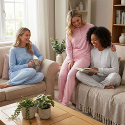 Pyjama Long Femme Coton Confort – Ensemble Pyjama Haut Manches Longues Col Rond 3 Boutons