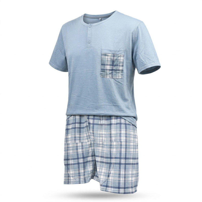 Pyjama Court Homme Coton Confort – Ensemble Pyjashort Été T-Shirt Manches Courtes Col Rond 2 Boutons