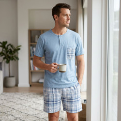 Pyjama Court Homme Coton Confort – Ensemble Pyjashort Été T-Shirt Manches Courtes Col Rond 2 Boutons