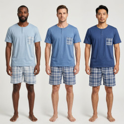 Pyjama Court Homme Coton Confort – Ensemble Pyjashort Été T-Shirt Manches Courtes Col Rond 2 Boutons