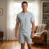 Pyjama Court Homme Coton Majoritaire – Ensemble Nuit Été T-Shirt Col Rond Boutonné Motif Tribal + Short Uni