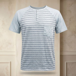 Pyjama Court Homme Coton Majoritaire – Ensemble Nuit Été T-Shirt Col Rond Boutonné Motif Tribal + Short Uni