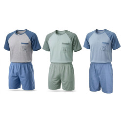 Pyjama Court Homme Coton Majoritaire – Ensemble Nuit Été T-Shirt Col Rond Boutonné Broderie Nounours Poche Poitrine + Short Uni