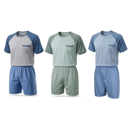 Pyjama Court Homme Coton Majoritaire – Ensemble Nuit Été T-Shirt Col Rond Boutonné Broderie Nounours Poche Poitrine + Short Uni