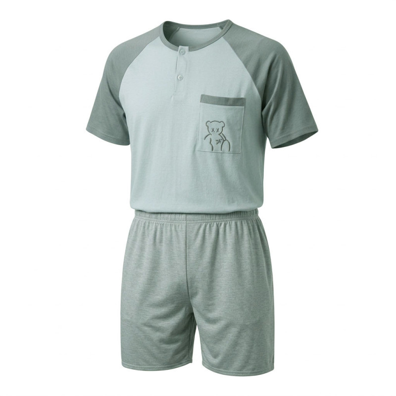 Pyjama Court Homme Coton Majoritaire – Ensemble Nuit Été T-Shirt Col Rond Boutonné Broderie Nounours Poche Poitrine + Short Uni