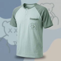 Pyjama Court Homme Coton Majoritaire – Ensemble Nuit Été T-Shirt Col Rond Boutonné Broderie Nounours Poche Poitrine + Short Uni