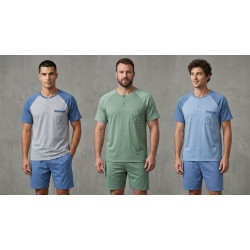 Pyjama Court Homme Coton Majoritaire – Ensemble Nuit Été T-Shirt Col Rond Boutonné Broderie Nounours Poche Poitrine + Short Uni