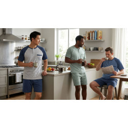 Pyjama Court Homme Coton Majoritaire – Ensemble Nuit Été T-Shirt Col Rond Boutonné Broderie Nounours Poche Poitrine + Short Uni