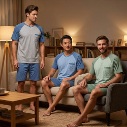 Pyjama Court Homme Coton Majoritaire – Ensemble Nuit Été T-Shirt Col Rond Boutonné Broderie Nounours Poche Poitrine + Short Uni