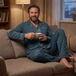 Pyjama Homme Long Boutonne Hiver Ultra Doux Col Chemise – Ensemble Nuit Chaud Coton Majoritaire – Haut 5 Boutons Broderie Poitri