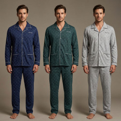 Pyjama Homme Long Boutonne Hiver Ultra Doux Col Chemise – Ensemble Nuit Chaud Coton Majoritaire – Haut 5 Boutons Broderie Poitri