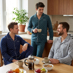 Pyjama Homme Long Boutonne Hiver Ultra Doux Col Chemise – Ensemble Nuit Chaud Coton Majoritaire – Haut 5 Boutons Broderie Poitri