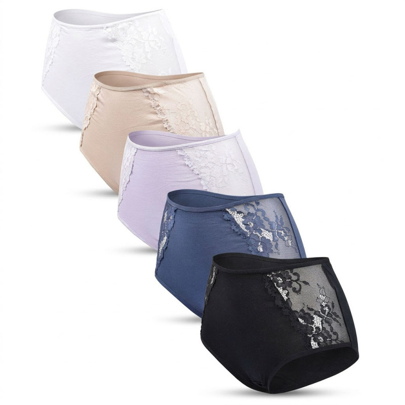 Lot de 5 Culottes Femme Coton avec Dentelle – Confort Quotidien et Finition Feminine – Coupe Enveloppante et Douce