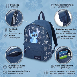 Sac à dos enfant Stitch Disney bleu 37 cm primaire collège 11.4L polyester leger 2 compartiments poche frontale