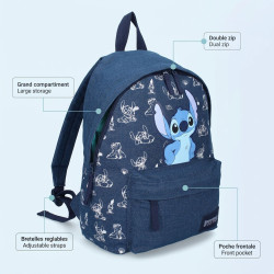 Sac à dos enfant Stitch Disney bleu 37 cm primaire collège 11.4L polyester leger 2 compartiments poche frontale
