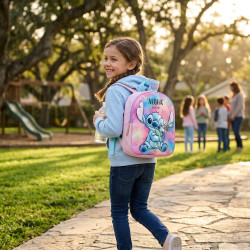 Sac a dos enfant 3D Stitch Simply Special Aloha rose galaxy relief 32 cm polyester leger 1 compartiment