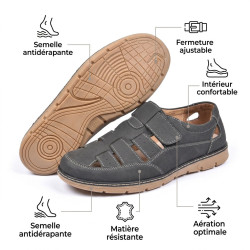 Sandales fermees homme confort chaussure ete aerée fermeture auto agrippante semelle antiderapante caoutchouc tige ajouree