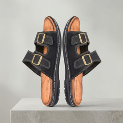 Sandales Homme Boucles Reglables Confort Semelle Memoire Antiderapante Claquettes Ete Dessus Effet Cuir Retourne Semelle Souple