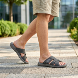 Sandales Homme Croisees Confort Semelle Memoire Antiderapante Claquettes Ete Dessus Effet Cuir Surcouture Sangle Reglable