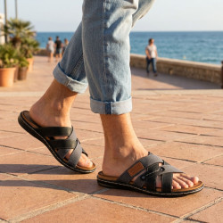 Sandales Homme Confort Sangles Croisées Sans Réglage Semelle Mémoire de Forme Antidérapante Dessus Textile Effet Jean et Cuir