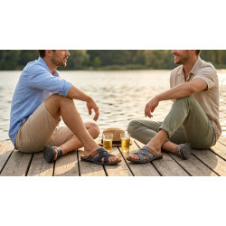 Sandales Homme Confort Sangles Croisées Sans Réglage Semelle Mémoire de Forme Antidérapante Dessus Textile Effet Jean et Cuir