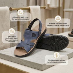 Sandales Homme Confort Semelle Caoutchouc Antiderapante Sangle Arriere Ajustable Scratch Tige Perforee Respirante Effet Cuir