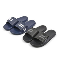 Claquettes Homme Piscine Sport Ajustables Scratch Lot de 2 Paires Noir et Bleu Marine Semelle Antidérapante Confort Été Plage
