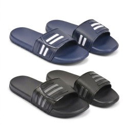 Claquettes Homme Piscine Sport Ajustables Scratch Lot de 2 Paires Noir et Bleu Marine Semelle Antidérapante Confort Été Plage
