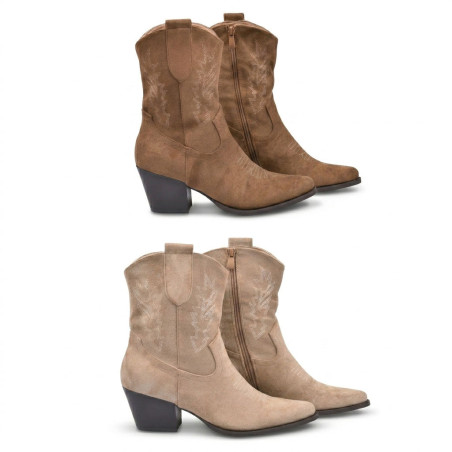 OZABI Bottines Santiag Femme - Boots Style Cowboy Western en Suédine, Bout Pointu, Talon Bloc 6 cm, Fermeture Éclair Latérale
