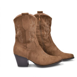 OZABI Bottines Santiag Femme - Boots Style Cowboy Western en Suédine, Bout Pointu, Talon Bloc 6 cm, Fermeture Éclair Latérale