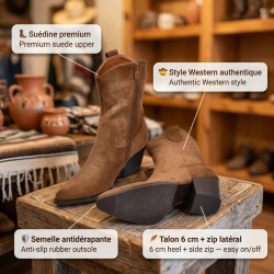 OZABI Bottines Santiag Femme - Boots Style Cowboy Western en Suédine, Bout Pointu, Talon Bloc 6 cm, Fermeture Éclair Latérale