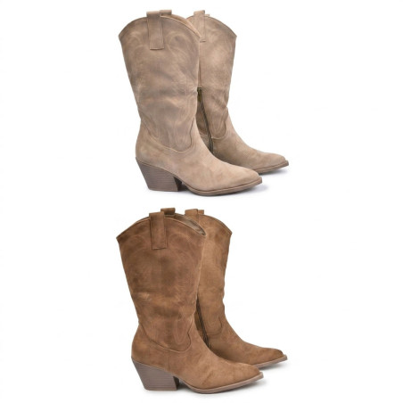 OZABI Bottes Western Femme - Boots Santiag Haute Tige en Suédine, Bout Pointu, Talon Bloc 6 cm, Fermeture Éclair