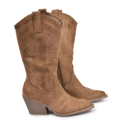 OZABI Bottes Western Femme - Boots Santiag Haute Tige en Suédine, Bout Pointu, Talon Bloc 6 cm, Fermeture Éclair