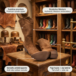 OZABI Bottes Western Femme - Boots Santiag Haute Tige en Suédine, Bout Pointu, Talon Bloc 6 cm, Fermeture Éclair