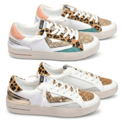 OZABI Baskets Mode Femme - Sneakers Léopard & Glitter Multimatières, Semelle Plateforme, Contrefort Coloré, Label MMXXIV Collect