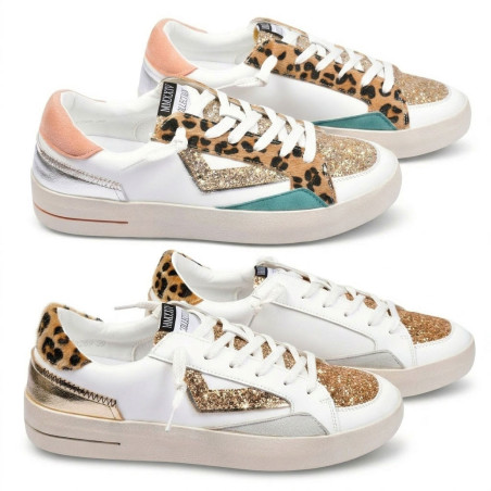OZABI Baskets Mode Femme - Sneakers Léopard & Glitter Multimatières, Semelle Plateforme, Contrefort Coloré, Label MMXXIV Collect