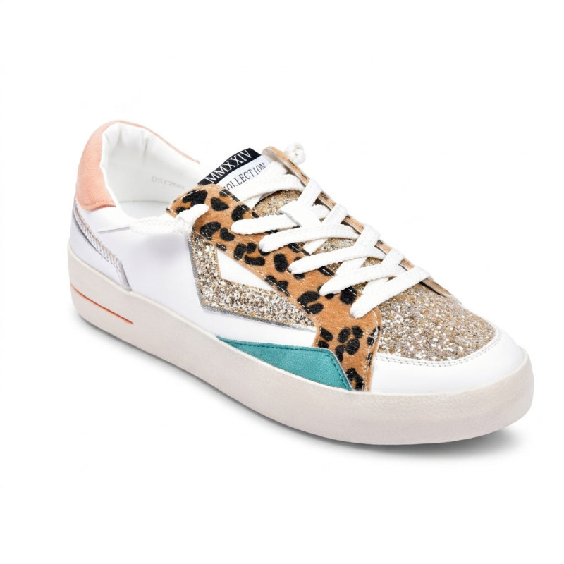 OZABI Baskets Mode Femme - Sneakers Léopard & Glitter Multimatières, Semelle Plateforme, Contrefort Coloré, Label MMXXIV Collect
