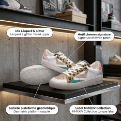OZABI Baskets Mode Femme - Sneakers Léopard & Glitter Multimatières, Semelle Plateforme, Contrefort Coloré, Label MMXXIV Collect