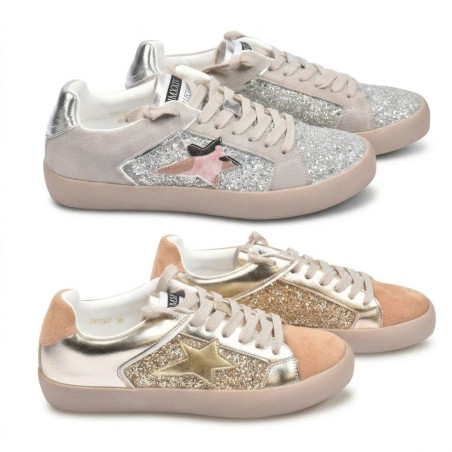 OZABI Baskets Mode Femme - Sneakers Glitter Multimatières, Étoile Appliquée, Semelle Plateforme, Label MMXXIV Collection