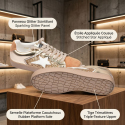 OZABI Baskets Mode Femme - Sneakers Glitter Multimatières, Étoile Appliquée, Semelle Plateforme, Label MMXXIV Collection