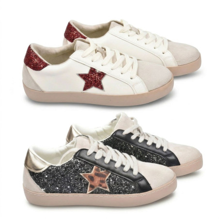 OZABI Baskets Mode Femme - Sneakers Étoile Appliquée Multimatières, Glitter & Simili Cuir, Semelle Plateforme, MMXXIV Collection