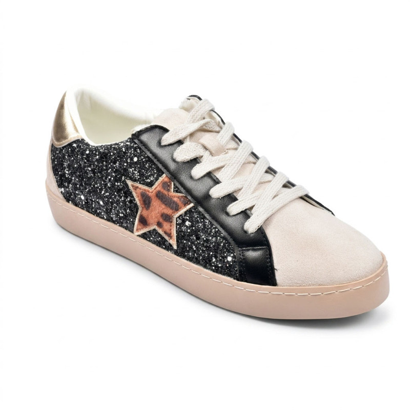 OZABI Baskets Mode Femme - Sneakers Étoile Appliquée Multimatières, Glitter & Simili Cuir, Semelle Plateforme, MMXXIV Collection