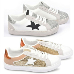 OZABI Baskets Mode Femme - Sneakers Étoile Appliquée, Tige Glitter & Simili Cuir, Semelle Plateforme, Coloris Argent ou Or,