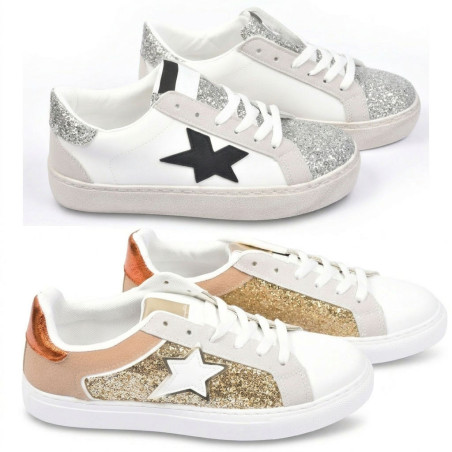 OZABI Baskets Mode Femme - Sneakers Étoile Appliquée, Tige Glitter & Simili Cuir, Semelle Plateforme, Coloris Argent ou Or,
