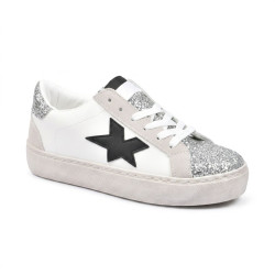 OZABI Baskets Mode Femme - Sneakers Étoile Appliquée, Tige Glitter & Simili Cuir, Semelle Plateforme, Coloris Argent ou Or,