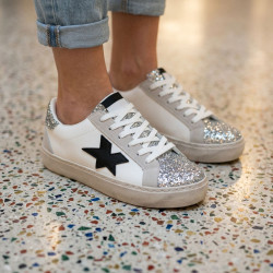 OZABI Baskets Mode Femme - Sneakers Étoile Appliquée, Tige Glitter & Simili Cuir, Semelle Plateforme, Coloris Argent ou Or,